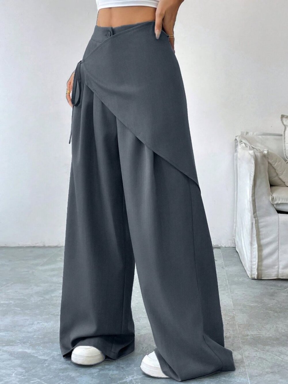 Dark Grey Casual Women's Lace-Up Wide-Leg Pants - Picture 4 of 7